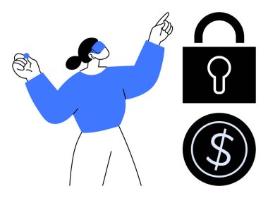 Kilit ve dolar simgelerinin yanında fikirleri olan kişi, finansal koruma, yenilik, güvenlik ve dijital işlemleri sembolize ediyor. Fintech, bankacılık, siber güvenlik ve finans için ideal