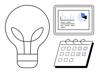 Yapraklı ampul, analitik gösteren tablet ve takvim sürdürülebilirliği, planlamayı ve büyümeyi sembolize ediyor. İş dünyası, yenilik, strateji, teknoloji verisi çevre dostu kavramlar için idealdir