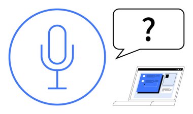 Dairesel çerçevede mikrofon soru işaretli konuşma balonu ve bilgisayar ekranı. İletişim için ideal, AI, teknoloji, yardım, müşteri desteği, otomasyon erişilebilirliği basit düz