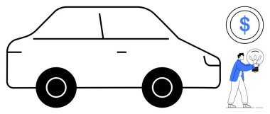 Madeni para simgesinin yanında büyük bir araba çizgisi ve elinde parlayan bir ampul tutan bir insan. Otomotiv maliyet tasarrufu, yenilik, eko-çözümler, finansman, verimlilik, teknoloji entegrasyonu için ideal