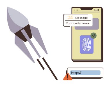 İlerlemeyi temsil eden roket, parmak izi taramalı akıllı telefon, mesaj tabanlı OTP ve güvensiz bağlantılar için uyarı. Teknoloji, siber güvenlik, yenilik, kimlik doğrulama, ilerleme verileri için ideal