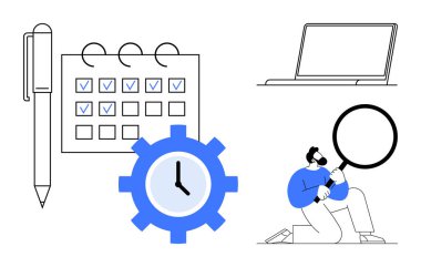 Takvim ızgarası ve kutulu kalem, zaman yönetimi için saat teçhizatı, büyüteç araması yapan kişi, basit dizüstü bilgisayar taslağı. Üretkenlik, planlama ve araştırma için ideal