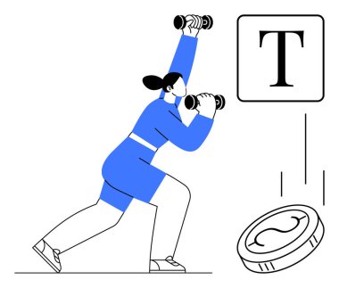 Mektup ve para yakınlara düşerken halterlerle egzersiz yapan bir kadın. Fitness, üretkenlik, çoklu görev, finans, denge, enerji, motivasyon için idealdir. Minimalist düz metafor