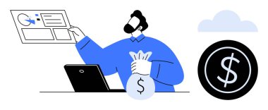 Para çantasını tutarken analitik sunan işadamı, başarıyı ve finansal planlamayı simgeliyor. Finans, iş, yatırım, girişimcilik, pazarlama, tasarruf, kariyer için ideal