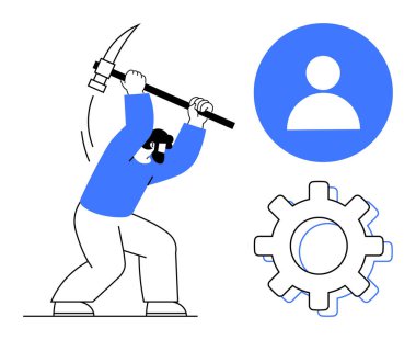 İşçi kazması, vites ve kullanıcı simgesi, sıkı çalışma, takım çalışması, verimlilik ve yaratımı vurguluyor. Üretkenlik, kalkınma, iş gücü, sanayi işbirliği kullanıcı yönetimi için ideal