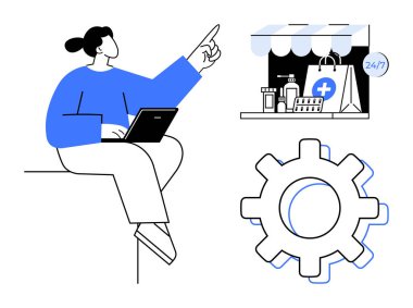 Dizüstü bilgisayarlı bir kadın, eczane önü tıbbi malzeme dolu, çanta, 247 rozet, büyük vites sembolü. Sağlık, e-ticaret, dijital kullanıcı deneyimi ve çevrimiçi otomasyon için ideal