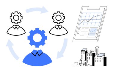 Vitesli insanlar takım çalışmasını ve iş akış döngülerini sembolize ediyor, analitik pano büyüme eğilimlerini gösteriyor ve kentsel binalar gelişimi vurguluyor. Yönetim, planlama, üretkenlik ve veri için ideal