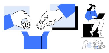 Bitcoin ve bozuklukları tutan eller onları bir kutuya koyar. Bir kadın dizüstü bilgisayarı ile gözlemler. Finans, kitle fonlama, kripto, tasarruf, üretkenlik, teknoloji, katkı kavramları için idealdir. Basit.