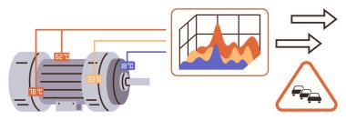 Sıcaklık ölçümleri, performans grafiği ve trafik uyarısı olan elektrikli motor. Otomasyon için ideal, yapay zeka, veri analizi, mühendislik enerji yönetimi akıllı teknoloji. Basit düz