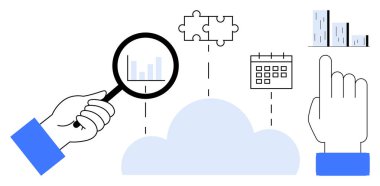 Baro çizelgesini büyüteçle, bulut birleştiren bulmacayla, takvimle, çubuk grafiğiyle, parmak göstererek inceliyorum. Veri analizi, bulut çözümleri, takım çalışması stratejisi, araştırma zamanlaması için ideal