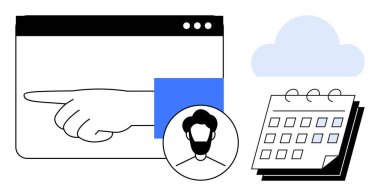 Bir takvim, avatar profili resmi ve takım çalışmasını temsil eden bulut simgesi, görev çizelgesi, hatırlatıcılar, çevrimiçi işbirliği, üretkenlik araçları, takvimler ve bulut platformları. Basit.