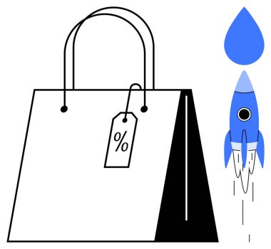 Mavi bir roketin yanında yüzdelik indirim etiketi olan bir alışveriş torbası. Pazarlama, e-ticaret, satış büyümesi, perakende yenilik, iş başarısı, girişim girişimleri, basit daire
