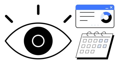 Veri analiz paneli ve takvimin yanında odak çizgileri olan büyük bir göz. Üretkenlik, planlama, organizasyon, veri analizi, öngörü, programlama, odaklanma için idealdir. Basit düz metafor