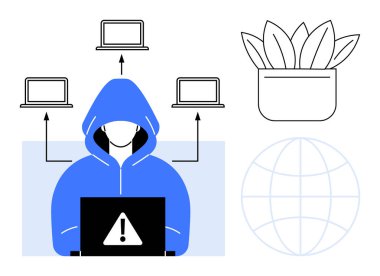 Bilgisayar kullanan mavi kapüşonlu bir bilgisayar korsanı ile siber güvenlik tehdidi, birden fazla cihaza bağlı. Bir bitki sembolü, küresel ağ ipucunu içerir. Teknoloji, hackleme ve internet güvenliği için ideal.