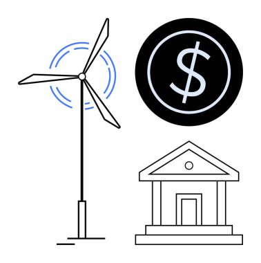 Rüzgar türbini, dönen bıçaklar, bozuk para ve klasik banka binası. Sürdürülebilirlik, yenilenebilir enerji, finans, yeşil yatırım, çevre ekonomisi ve bankacılık için ideal