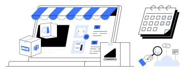Çizgili tenteli, ürün resimleri ve nakliye kutusu olan dijital mağaza önü. Takvim ve büyütme cam ışıklandırma takvimi, e-ticaret ve analitik. Perakende, pazarlama ve lojistik için ideal