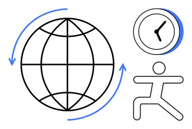 Küresel aktiviteyi, zaman yönetimini ve refahı sembolize eden ok, saat ve egzersiz figürlü küre. Sağlık, uygunluk, sürdürülebilirlik, seyahat verimliliği için idealdir.