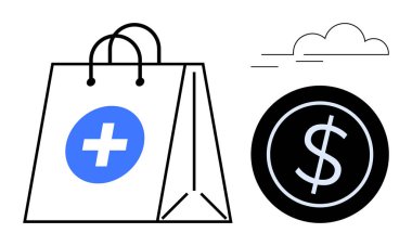 Sağlık harcamalarını gösteren tıbbi haç ve bozuk para dolu çanta. Finans, sağlık, alışveriş, ilaç, ekonomi, e-ticaret ve tüketici davranışları için ideal. Basit düz metafor