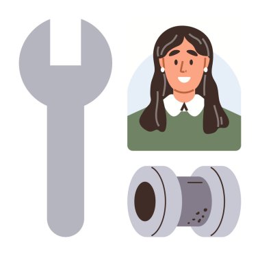 İngiliz anahtarı, araba parçası, ve kadın teknisyen portresi. Otomobil tamiri uzmanlığı. Otomotiv tamiri, endüstriyel markalaşma, beceri eğitimi, teknik roller, işçiler için ideal