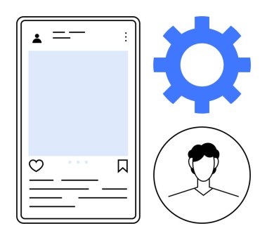 Sosyal medya posta düzeni, özelleştirme için teçhizat ve kullanıcı avatar konsepti ile mobil uygulama teması. Profil tasarımı, uygulama düzeni, kullanıcı yönetimi, içerik, kişiselleştirme, UIUX basit yassı