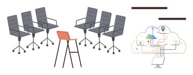 Ofis sandalyeleri bir grup halinde, tek bir ayrı sandalye ve çeşitli cihazları birbirine bağlayan bir bulut ağı şeklinde dizilmiş. Takım çalışması, teknoloji, bulut hesaplama, işbirliği, yenilik, liderlik için ideal