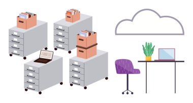 Evraklarla dolu dosya dolapları, dizüstü bilgisayarlı masa, bitki ve bulut taslakları. Organizasyon, depolama, bulut hesaplama, iş akışı, dijital yönetim, basit düz metafor arşivleme için ideal