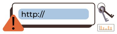Http metin, kırmızı uyarı üçgeni, güvenliği gösteren anahtarlar ve küçük bir analitik çizelgesi olan adres çubuğu. Siber güvenlik, veri gizliliği, dijital güvenlik, şifreleme, çevrimiçi güvenlik hacklemesi için ideal