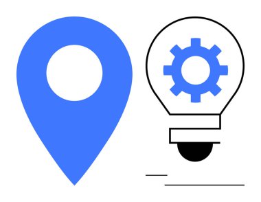 Mavi lokasyon iğnesi bir donanım içeren bir ampulle eşleştirilmiş, yeniliği, problem çözmeyi, teknolojiyi, konum tabanlı hizmetleri, keşif, navigasyon ve beyin fırtınasını sembolize ediyor. Basit düz