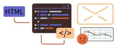 HTML block, code snippets, email interface, line chart with downward trend, and sad face emotion. Ideal for web development, HTML coding, debugging, technology email marketing analytics clipart svg vector 