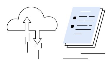 Üst ve alt taraftaki oklar veri transferini temsil ediyor, organize belgelerin yanında. Takım çalışması, üretkenlik, uzaktan çalışma, dijital işbirliği, veri yönetimi, teknoloji için ideal