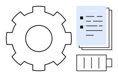 İdareyi sembolize eden vites, organizasyonu temsil eden belge yığını ve enerji için pil. Çalışma akışı, verimlilik, planlama, üretkenlik, optimizasyon, takım çalışması için ideal basit düz metafor