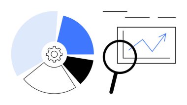Vitesli pasta grafiği, yükselen çizgi grafiği, büyüteç renklendirme eğilimleri. Veri analizi, performans değerlendirmesi, iş büyümesi, istatistik, araştırma, optimizasyon için ideal basit düz metafor