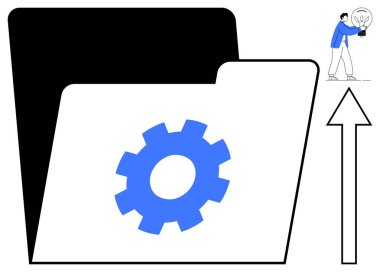 Yönetimin göstergesi olan dişli sembolü olan dizin, ampullü karakter ve yukarı doğru ok ile gösterilen yenilik. Teknoloji, çözümler, yaratıcılık, takım çalışması, üretkenlik için ideal