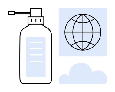 Pompa, dünya ikonu ve hijyen, sağlık, sürdürülebilirlik, çevre, küresel etki, temizlik ve güvenliği gösteren bulut anahatlarıyla dezenfekte edici şişe. Basit düz metafor için ideal