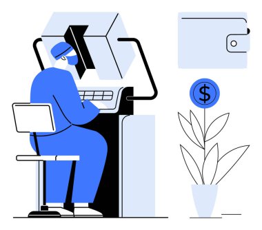 Gelişmiş makine arayüzü, cüzdan ikonu ve para fabrikası ile bireysel etkileşimler teknoloji, finans ve büyümeyi sembolize eder. AI, teknoloji, yenilik ve finans sektörü için ideal