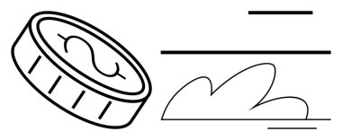 Dinamik çizgilerin ve bulutların yanında dolar işaretli sikke hareket ediyor. Finans, ekonomi, para birimi, büyüme, zenginlik, hareket ve yenilik temaları için idealdir. Basit düz metafor