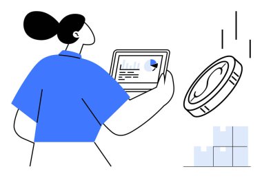 Tablet elinde veri ve pasta grafiği olan bir kadın. Düşen bir bozuk para, grafik çizgileri ve istiflenmiş kutularla çevrili. Finans, analitik, yatırım, iş büyümesi, teknoloji planlaması için ideal