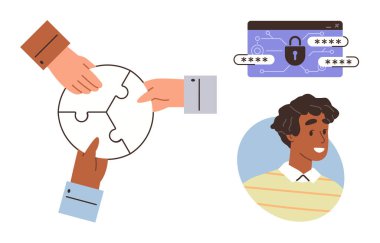 Ellerin bulmaca parçalarını birleştirmesi takım çalışmasını, gülümseyen birini ve şifreli bir asma kilidi simgeliyor. Takım çalışması, güvenlik, işbirliği, çevrimiçi güvenlik, toplum, çözüm farkındalığı için ideal