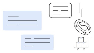 Bozuk para hareket halinde, mesaj kutuları mesajlaşmayı andırıyor ve paketler el arabasında. E-ticaret, ödeme işlemleri, lojistik, iletişim, iş çözümleri nakliye finansal sistemleri için idealdir. Basit.