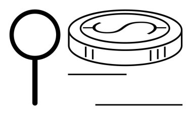 Bir madeni parayı inceleyen büyüteç, finansal analizi, zenginliği, yatırım stratejilerini ve ekonomik odağı sembolize eder. Finans, iş görüşleri, denetim ve ekonomi araştırma stratejisi için ideal