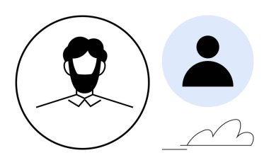 Mavi arkaplan ve küçük bulut üzerinde katı kullanıcı figürünün yanında dairesel çerçevede çizilmiş erkek avatar. Kimlik, hesaplar, profiller, avatarlar, topluluk, kullanıcı arayüzü, basit takım çalışması