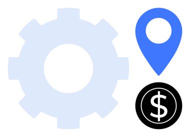 Büyük teçhizat, mavi lokasyon rozeti, siyah dolar işareti. İş, operasyon, lojistik, finans, navigasyon ekonomisi takım çalışması için idealdir. Basit düz metafor