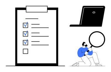İşaretli görevleri olan kontrol listesi, açık dizüstü bilgisayar ve büyüteç kullanarak içeriği inceleyen kişi. Üretkenlik, görev yönetimi, araştırma, analiz, organizasyon, odaklanabilirlik için ideal