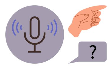 Ses dalgalı mikrofon, işaret eden el ve soru işaretli konuşma balonu. Teknoloji, etkileşim, soruşturma, komuta, yapay zeka ses tanıma iletişimi için ideal. Basit düz metafor