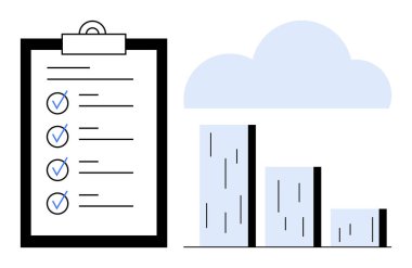 Tamamlanmış görevleri olan kontrol listesi, bir bulut altında azalan bar tablosunun yanında. Üretkenlik, planlama, hedefler, performans, ilerleme, analitik, takım çalışması için ideal. Basit düz metafor