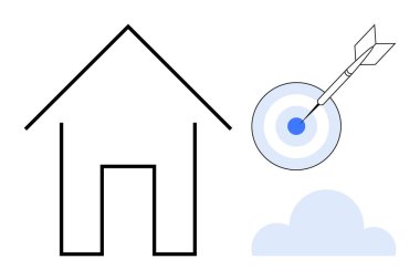 Evin taslağı, merkeze ok saplanmış bir hedef ve bir bulut. Strateji, odaklanma, başarı, planlama, ev kavramları hedeflere ulaşmak için idealdir. Basit düz metafor