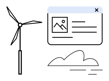 Rüzgar türbini, bulut ve çevrimiçi içerik penceresi yenilenebilir enerji, dijital çözümler ve çevresel yenilikleri vurguluyor. Sürdürülebilirlik, teknoloji, temiz enerji, yenilik ekolojisi için ideal