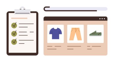 İşaretli öğelerin olduğu bir pano kontrol listesinin yanında giysi öğelerini gösteren bir web sitesi oluşturun. E-ticaret analizi, görev yönetimi, tüketici davranışı, çevrimiçi alışveriş, perakende stratejisi için ideal