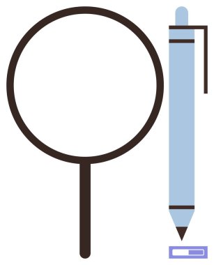 Kalem ve mürekkebin yanında büyüteç, araştırmayı, odaklanmayı, araştırmayı, analizi, yazmayı, eğitimin yaratıcılığını sembolize ediyor. Problem çözme kavramları ve keşifler için ideal. En düşük düz