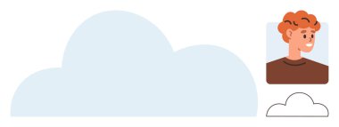 Büyük mavi bulut, gülümseyen insan portresi, ana hatlı bulut sembolü. Veri depolama, ağ oluşturma, profil yönetimi, çevrimiçi erişim, bağlantı, bulut hesaplama metaforu için ideal